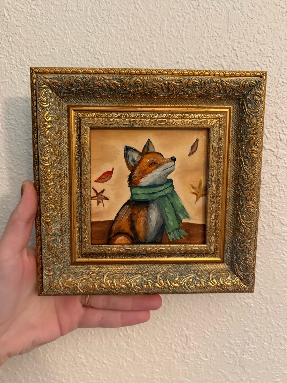 "Autumn Fox” Original oil painting on wood board mini framed 4x4"